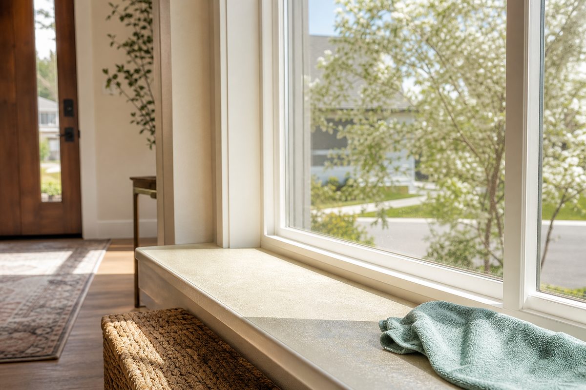Spring pollen settled on a Spokane home windowsill being wiped clean with a microfiber cloth