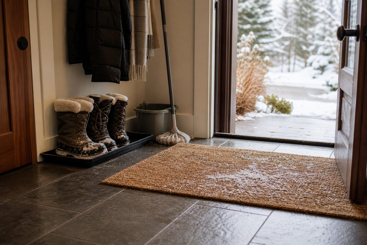 A Spokane mudroom in winter with a boot tray and mat catching snow, mud, and road salt