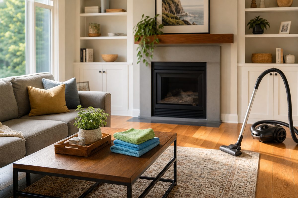 A Spokane living room mid deep clean, with dusted shelves, clean baseboards, and a HEPA vacuum ready