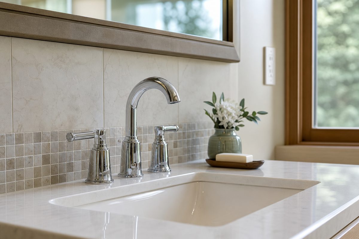 A polished streak-free faucet and clean tile after hard water deposits were removed in a Spokane bathroom