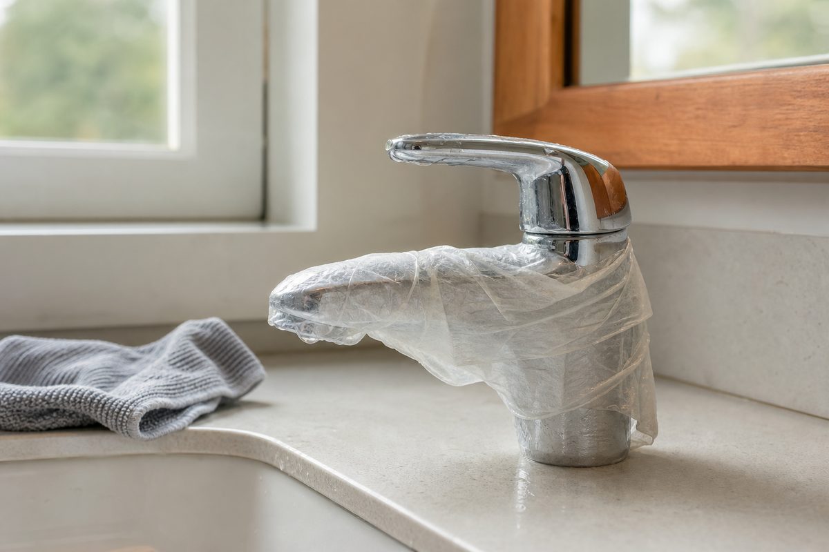 A vinegar-soaked cloth wrapped around a chrome faucet to dissolve calcium buildup the safe way