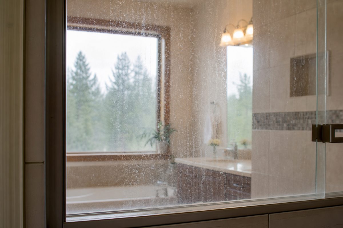 Cloudy hard water mineral spots and limescale film on a glass shower door in a Spokane home