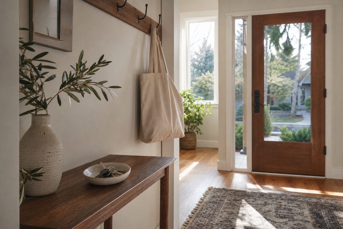 A tidy Spokane home entryway with a console table, house keys in a small dish, and morning light on the floor