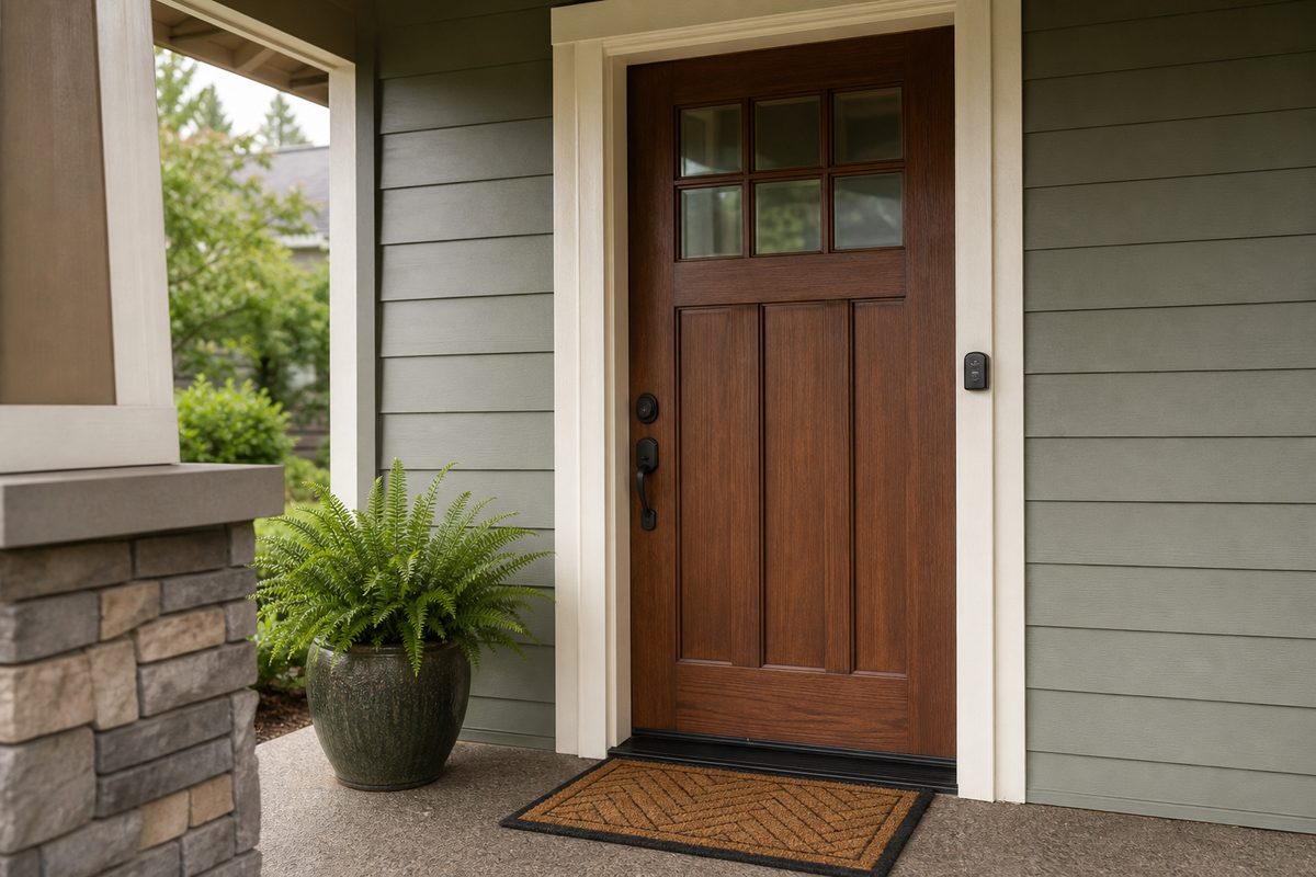 A keypad entry device mounted beside the front door on the covered porch of a Spokane craftsman home