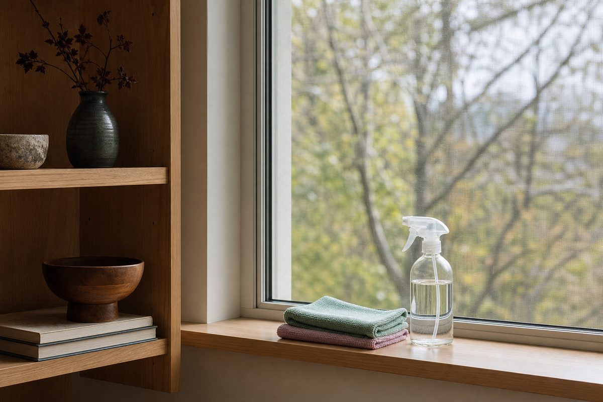 A wooden shelf and windowsill in a Spokane home wiped clean with folded damp microfiber cloths resting nearby in soft daylight