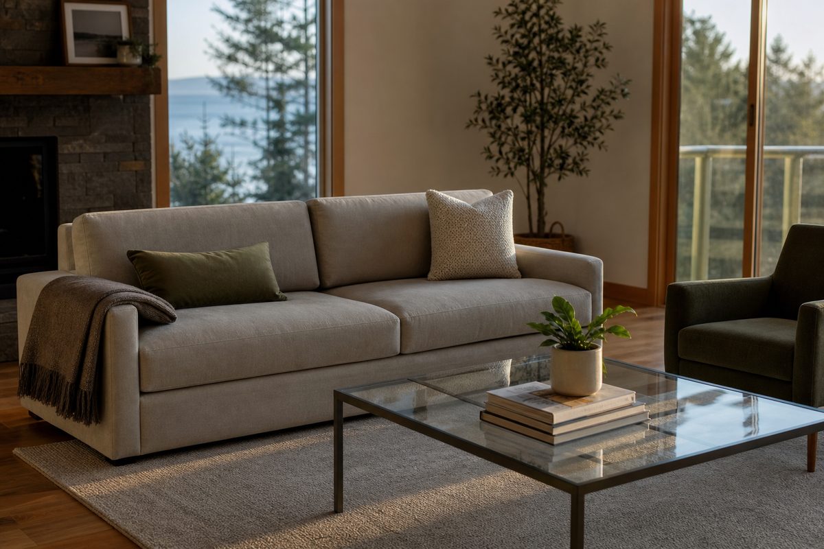 A calm Spokane living room kept tidy with clear surfaces, a folded throw blanket, and evening light on the floor