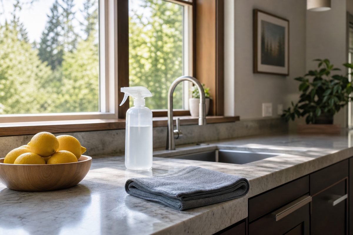 A clear Spokane kitchen counter with a folded microfiber cloth, spray bottle, and a bowl of lemons beside a sunny window