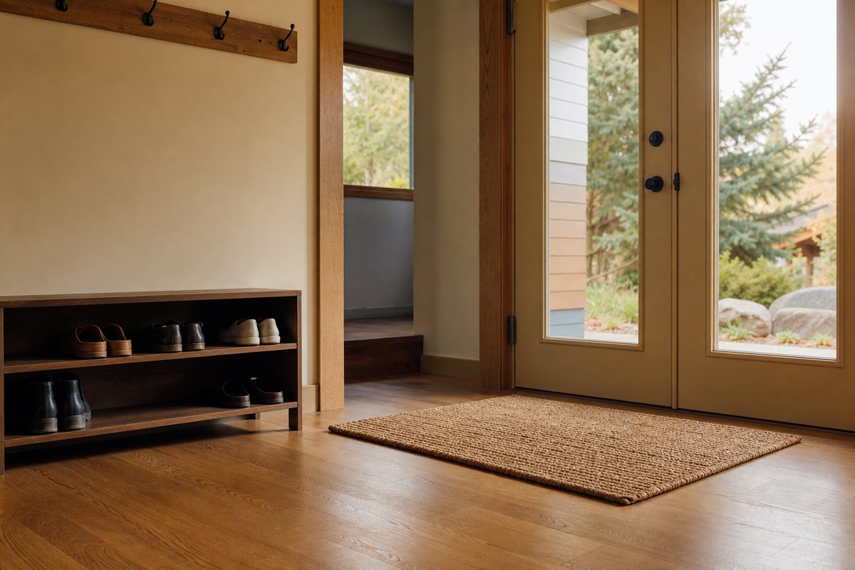 A clean entry mat and shoe rack just inside the door of a Spokane home, catching dust before it reaches the floors