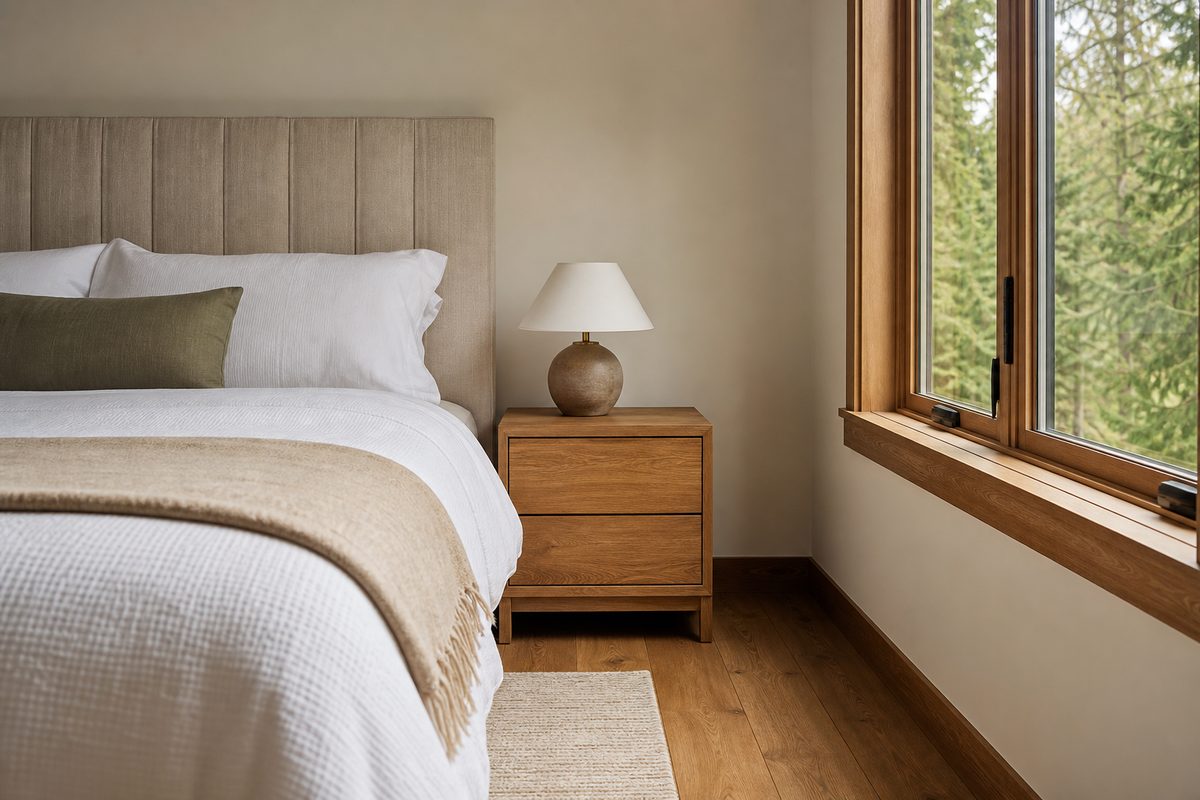 A cleared bedroom nightstand and tidy floor in a Spokane home before a cleaning visit