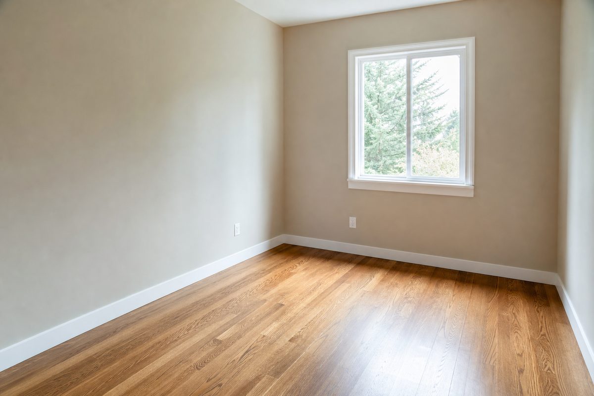 An empty Spokane rental bedroom with bare walls and clean hardwood floors ready for a move out inspection