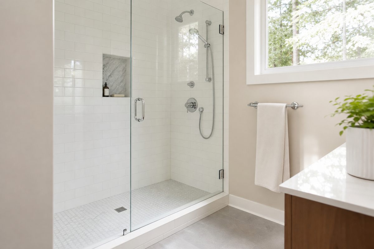 Descaled glass shower door and polished chrome fixtures in a bright Spokane bathroom