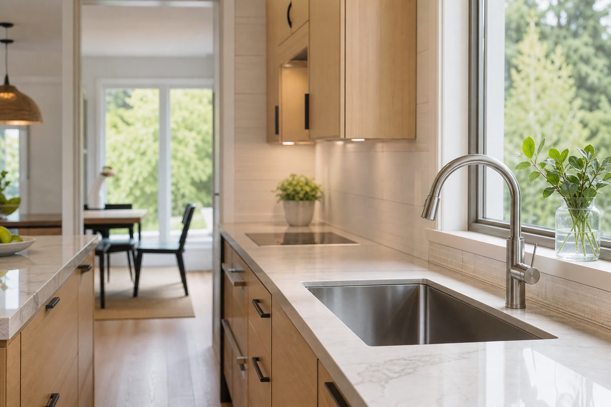 A freshly cleaned Spokane kitchen with polished countertops and a streak-free sink after a first cleaning