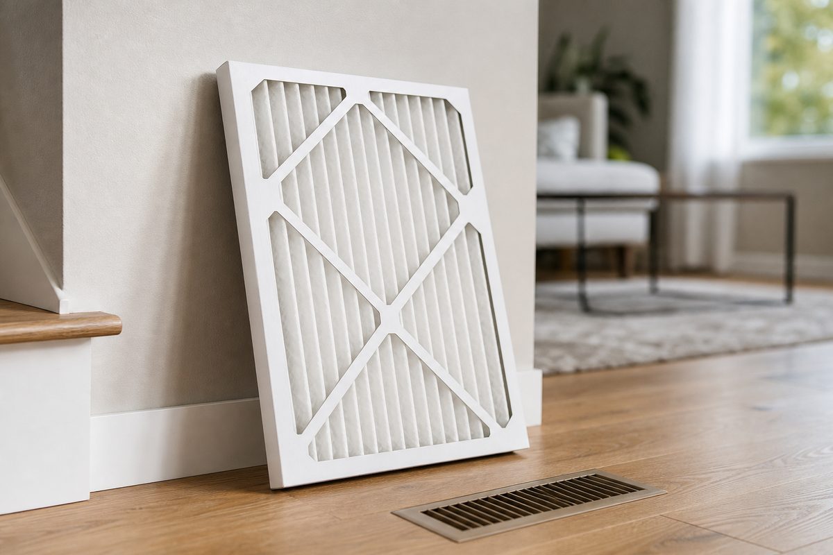 A fresh pleated furnace filter ready to replace one clogged after Spokane wildfire smoke season