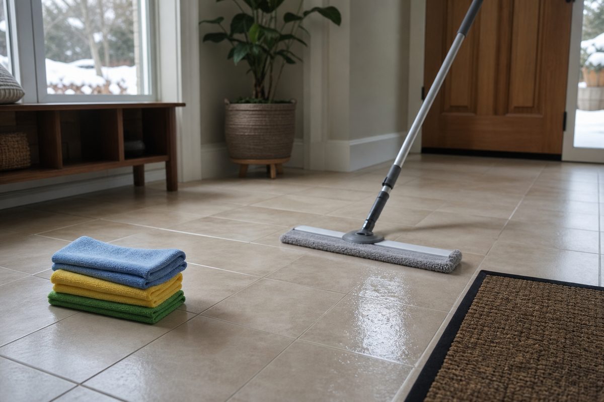Damp-mopping a Spokane tile entry floor to remove winter salt residue with a neutral cleaner